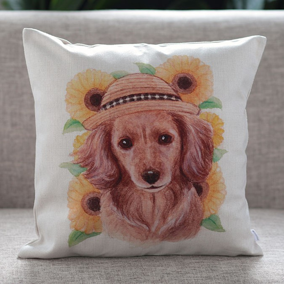 クッションカバー ダックスフンド サンフラワー 犬 天然リネン jubileecushionai006 1枚目の画像