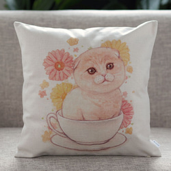 クッションカバー スコティッシュフォールド ティーカップ 猫 天然リネン jubileecushionai010 1枚目の画像