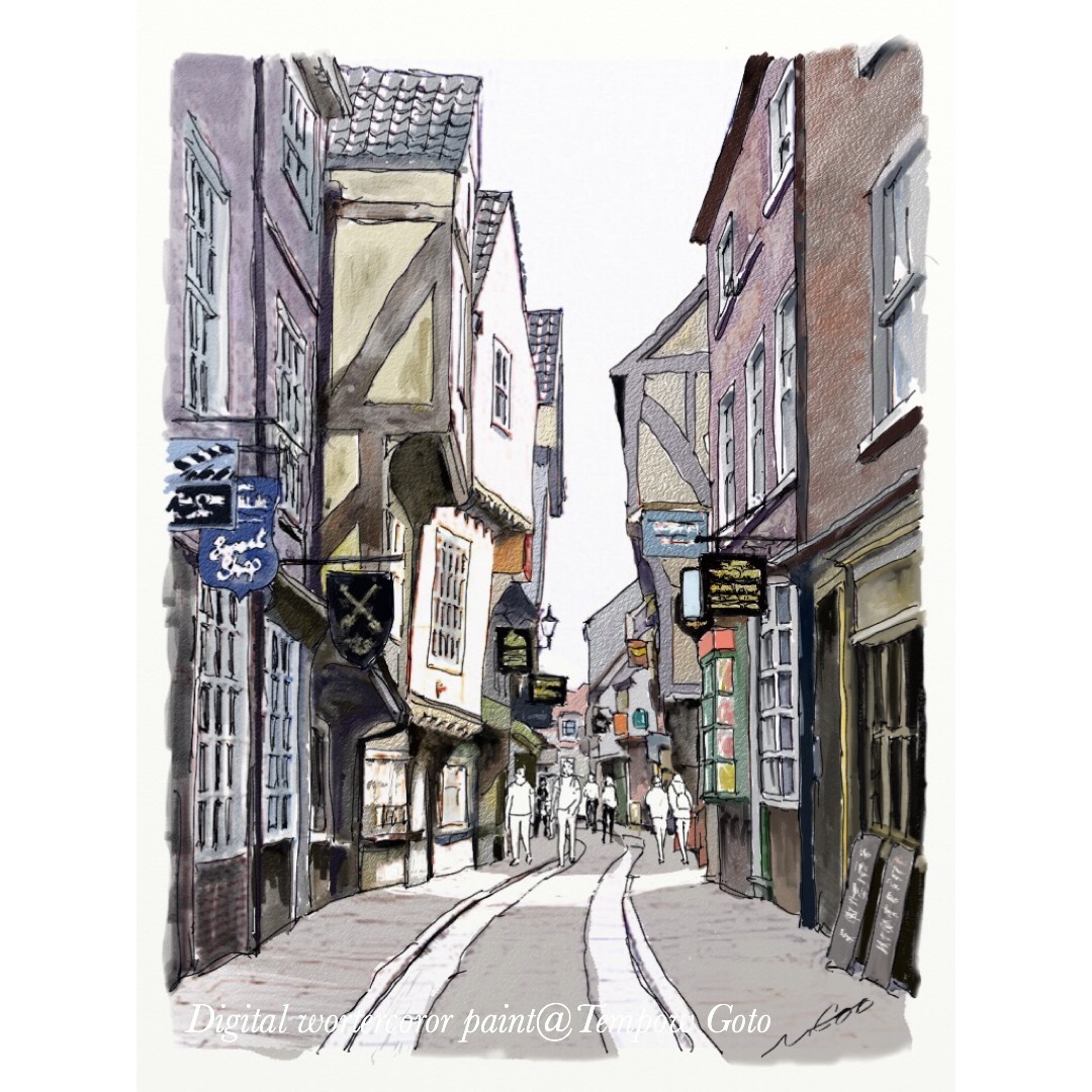 風景画/ヨーロッパの街「イングランド・ヨーク旧市街」油絵SM 木製フレーム付き ヨーロッパの都市風景画 オリジナルヨーロッパの壁アート