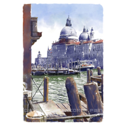 透明水彩画 モンマルトル サクレクール寺院 パリ 原画 街並み、 水彩紙