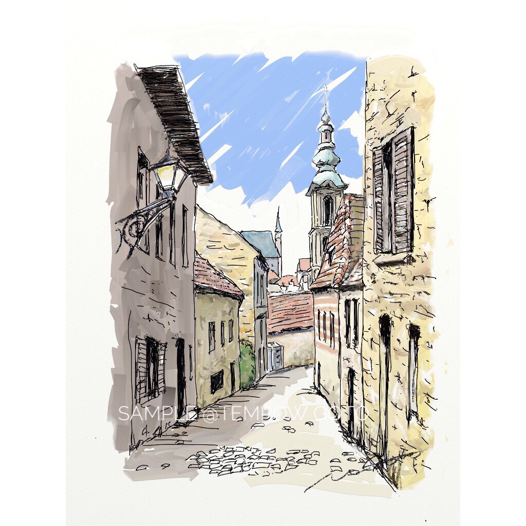 風景画　水彩画　チェスキー・クロムロフ(チェコ)の町並を望む チェスキー・クルムロフ ペン水彩画｜ペン水彩画 KIMIO IWAZAKI