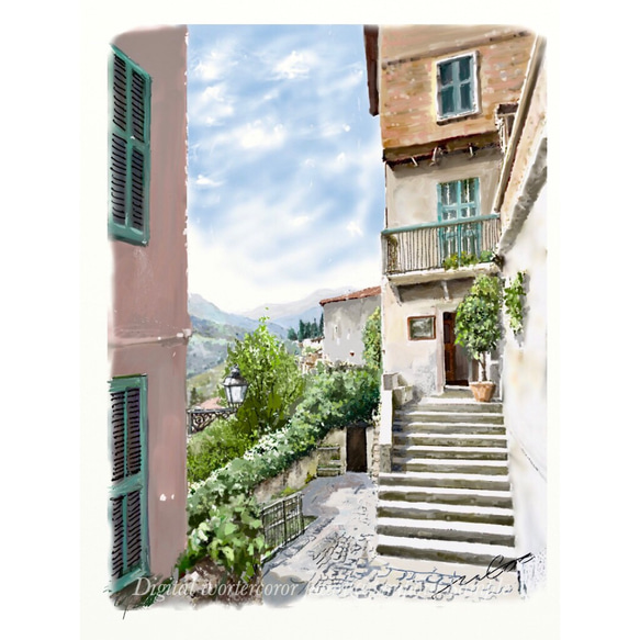 ポストカード ヨーロッパ風景画（他の絵と4枚セット売り1.000円）No.113  イタリア　リグーリアの小さな村 1枚目の画像
