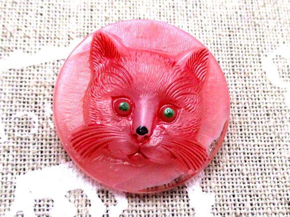 チェコのガラスボタン　ネコ　ピンク 1枚目の画像