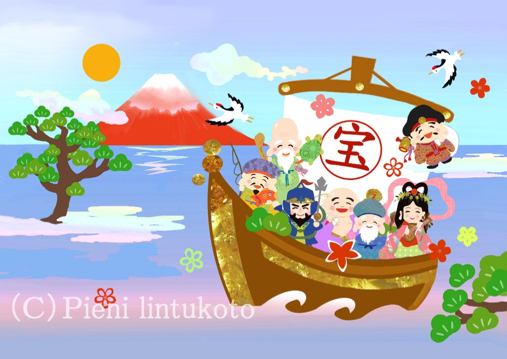 七福神イラスト/赤富士A4サイズ イラスト Pieni✿lintukoto