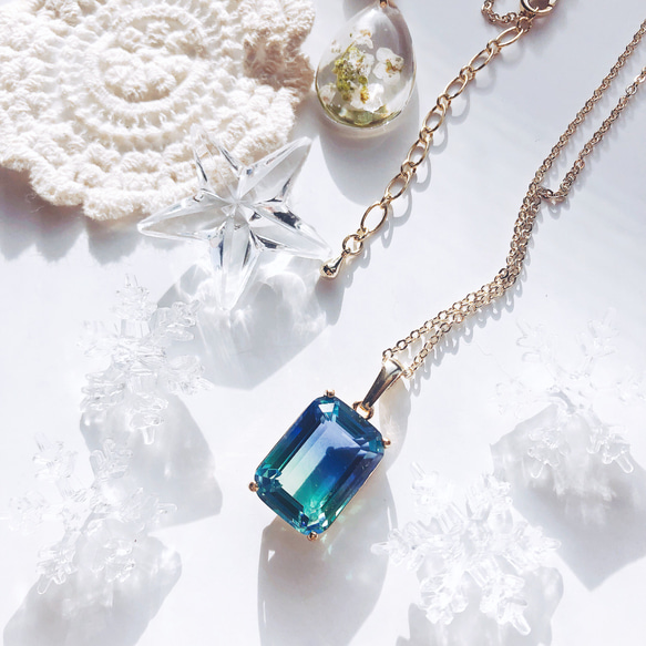 Glass jewelry  ガラスの宝石 ネックレス   blue&lightgreen 3枚目の画像
