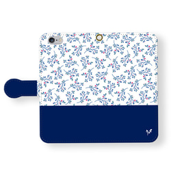 手帳型 スマホケース  floral leaves＊blue 2枚目の画像