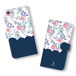 feminine floral case＊ネイビー 名入れ 手帳型  スマホケース iPhone12 13 Xperia 1枚目の画像