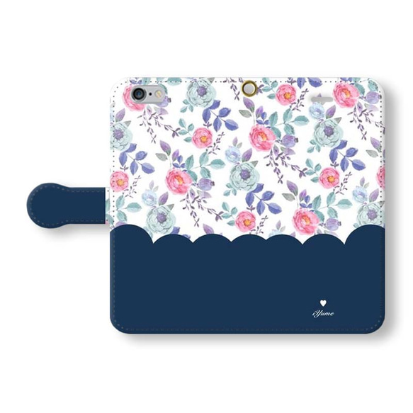 feminine floral case＊ネイビー 名入れ 手帳型  スマホケース iPhone12 13 Xperia 2枚目の画像