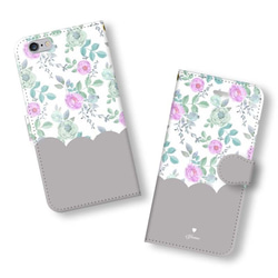feminine floral case＊グレー 名入れ 手帳型  スマホケース iPhoneXR XS Xperia 1枚目の画像