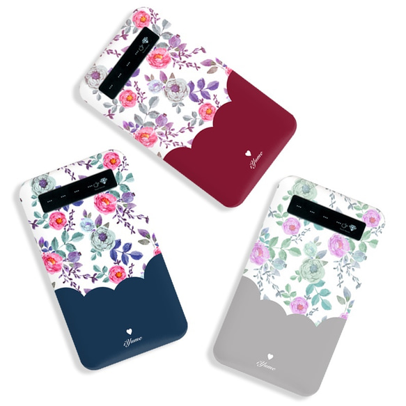 Feminine floral＊グレー モバイルバッテリー名入れiPhoneX/8/7 Xperia 3枚目の画像