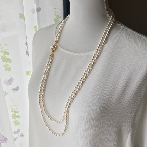 留め金がポイント、パールの2連ロングネックレス ネックレス 留め金がポイント、パールの2連ロングネックレス ネックレス
