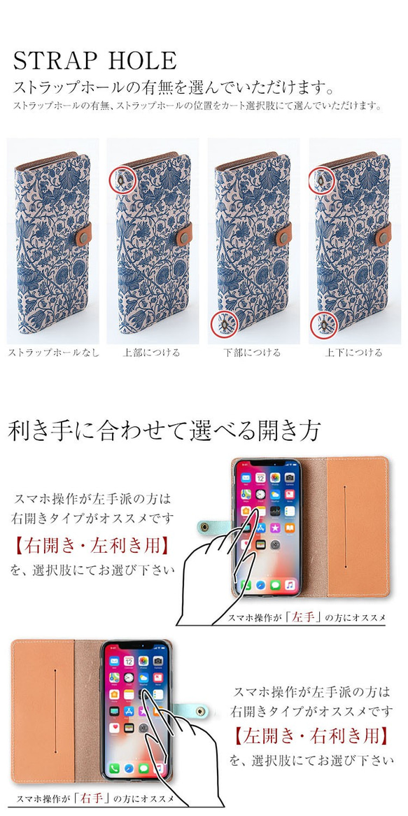 スマホケース 全機種対応 本革 手帳型 リバティ 栃木レザー 「ロデンウッド」花柄 ギフト iPhone15 7枚目の画像