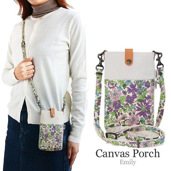 リバティ 倉敷帆布 スマホショルダー ポーチ ストラップセット 「エミリー パープル」 手ぶら スマホポーチ