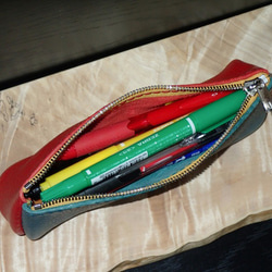 ダイアゴナル ペンポーチ S （TQ×RD） カラフル ポーチ ペンケース レザーポーチ レザークラフト 手縫い 個性的 5枚目の画像