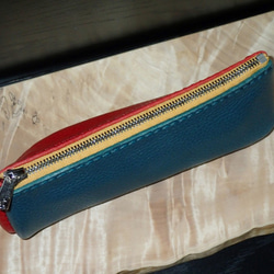 ダイアゴナル ペンポーチ S （TQ×RD） カラフル ポーチ ペンケース レザーポーチ レザークラフト 手縫い 個性的 7枚目の画像