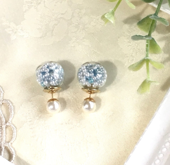 2wayガラスボール＊パール ピアス crystal blue 3枚目の画像