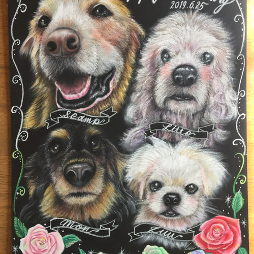 初めての方限定1匹チョークアート愛犬愛猫の似顔絵オーダー当て木加工