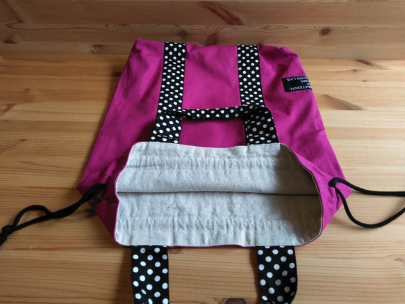 ピンク11号帆布体操服袋*フューシャピンク×綿麻水玉　40×35×6入園入学 2枚目の画像