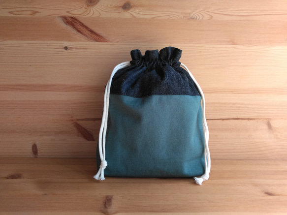 道具袋*帆布ブルーグレー×デニム　22×20×4　入園入学 3枚目の画像