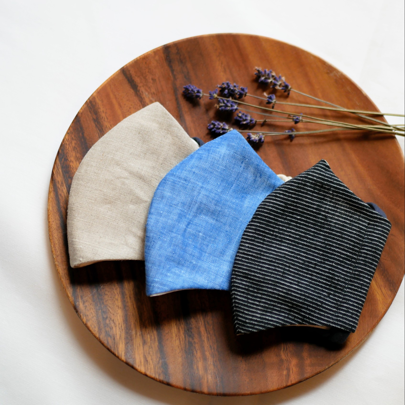 【福袋】ヘンプのマスク3枚セット/冷感/バンブーリネン黒ストライプ×麻×リネンスカイブルー