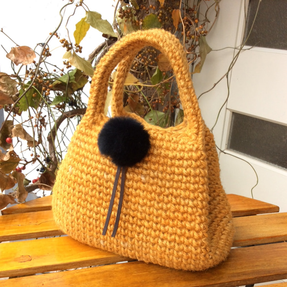 A様オーダー品】麻ひもミニバッグx黒ラビットファー #オレンジ（内  