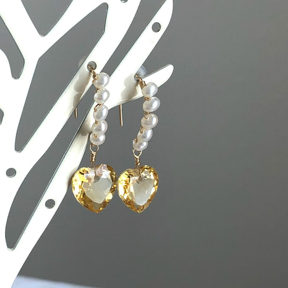 心形黃水晶和小珍珠耳環 第2張的照片