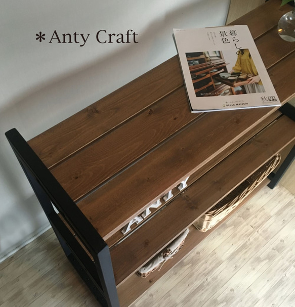 【アイアン＆天然木】2段収納棚 飾り棚 シューズラック 店舗什器 幅90cm 完成品 3枚目の画像