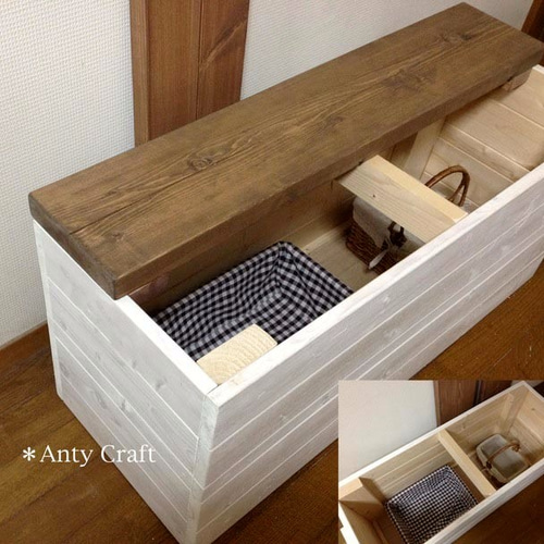 サイズオーダー可】【引取可能】無垢材 アンティーク風収納ベンチ UN/W