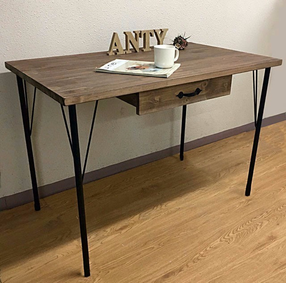 【NEW】引き出し付鉄脚テーブル　ダイニングテーブル 幅100㎝ ウォルナット色×ブラック（100×60.5㎝） 1枚目の画像