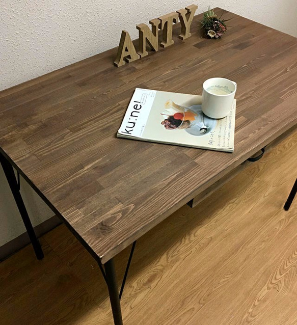 【NEW】引き出し付鉄脚テーブル　ダイニングテーブル 幅100㎝ ウォルナット色×ブラック（100×60.5㎝） 4枚目の画像