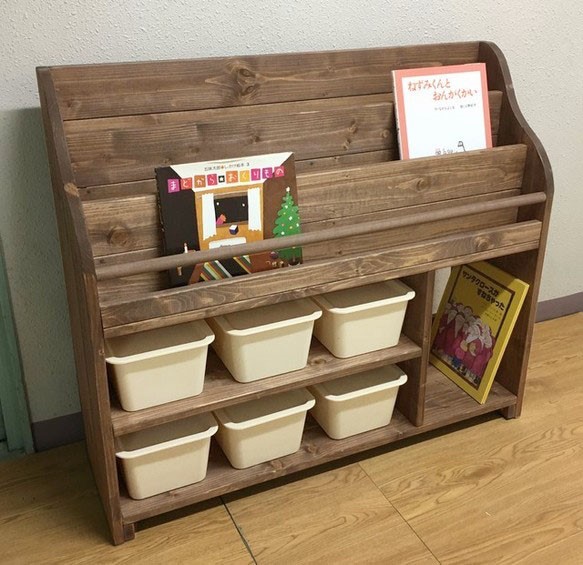 【引取可能】表紙が見える 仕切り付き絵本棚（収納ケース小６個付）  幅87cm UN 完成品 サイズオーダー可