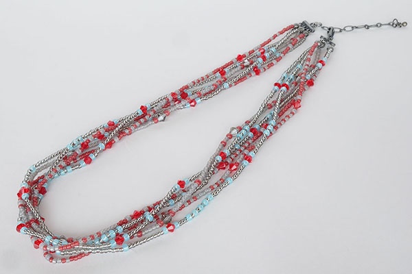紅女　joncher　ビーズ・スワロフスキー６連ネックレス　レッドシルバーターコイズ
