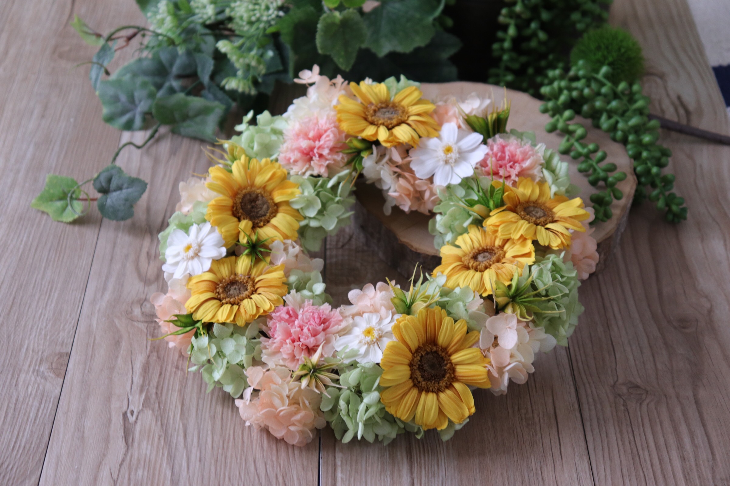 親御様への贈呈用に【プリザ】ガーベラ・カーネーション・紫陽花のリース 直径約24cm