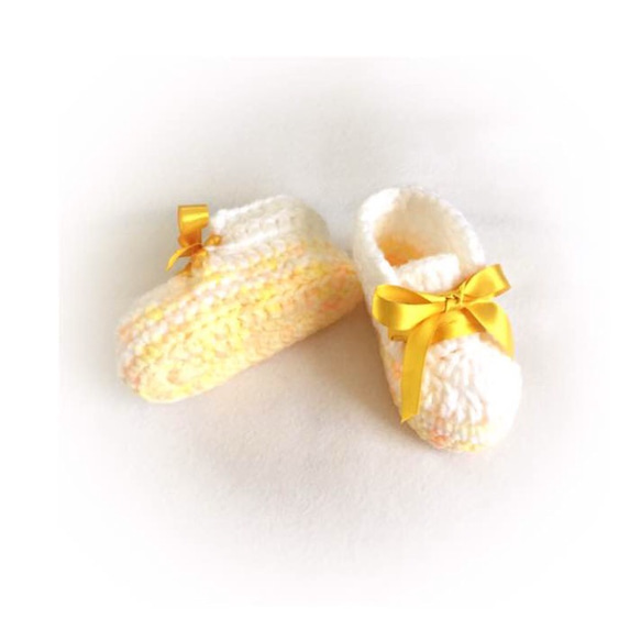 黃色大理石點¯x緞帶★第一鞋★秋冬嬰兒禮物分娩準備★手工編織嬰兒鞋嬰兒鞋 第3張的照片