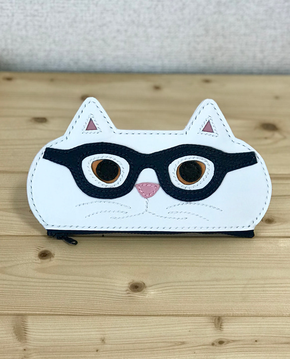 猫のメガネケース K.TAMAO作 全て手縫いのハンドメイド 姫路レザー