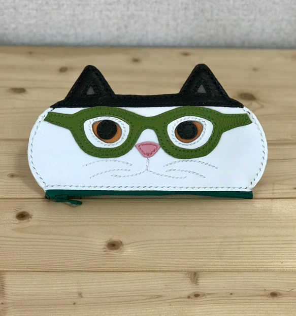 猫のメガネケース K.TAMAO作 全て手縫いのハンドメイド 姫路レザー