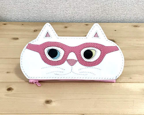 猫好きが作ったメガネケース 白猫オッドアイ ピンクメガネ 手縫い 送料