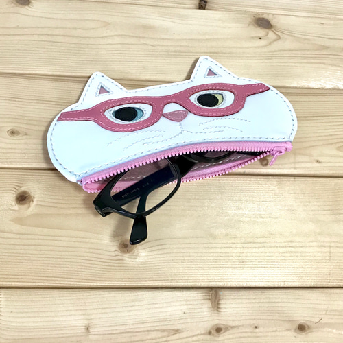 猫好きが作ったメガネケース 白猫オッドアイ ピンクメガネ 手縫い 送料