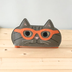 猫好きが作った本牛革メガネケース　鯖トラ猫　オレンジメガネ　再販　　手縫い　送料無料♪ 1枚目の画像