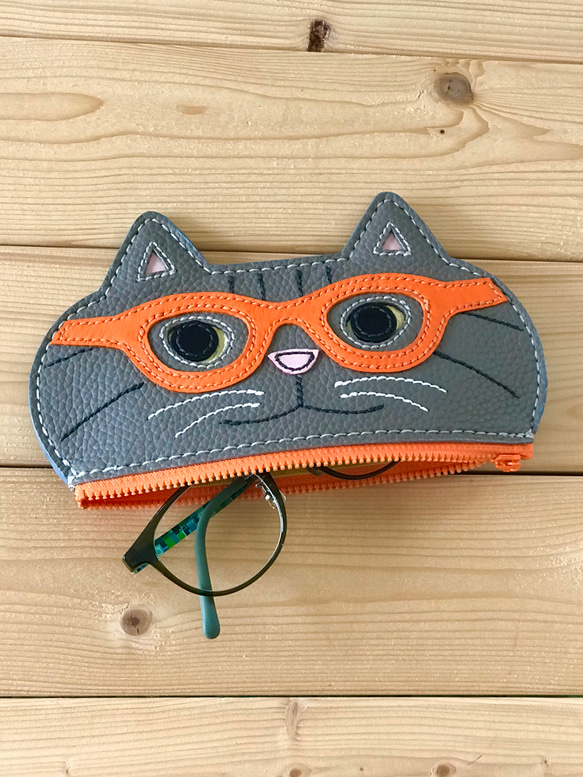 猫好きが作った本牛革メガネケース　鯖トラ猫　オレンジメガネ　再販　　手縫い　送料無料♪ 4枚目の画像