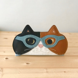 猫好きが作った本牛革メガネケース　三毛猫スモーキーブルーメガネ　　手縫い　送料無料 1枚目の画像
