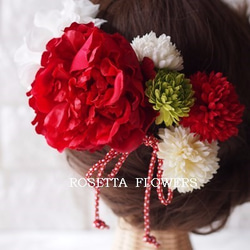 牡丹とマムの髪飾り（Red)　ご結婚式や卒業式にも♡ 2枚目の画像