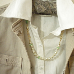 3WAY★コットンパールとシルクリボンのブレス&ネックレス（緑） 4枚目の画像