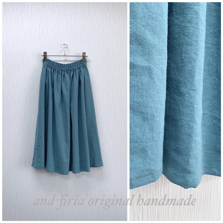 夏にさらりと快適♪ cottonリネンのギャザースカート アクアブルー