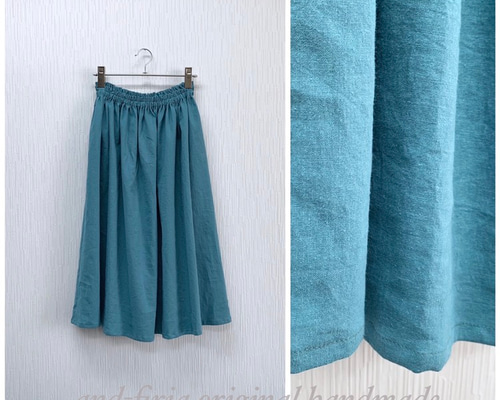夏にさらりと快適♪ cottonリネンのギャザースカート アクア
