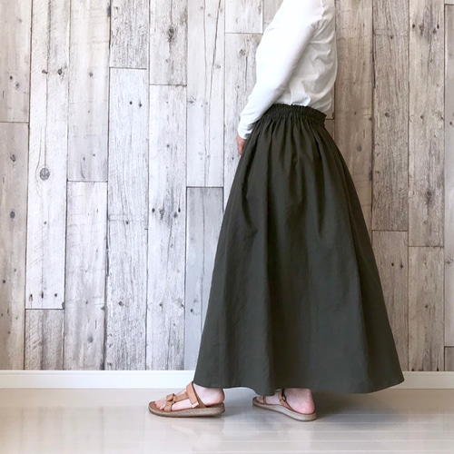 マキマロ 草木染色加工 リネンギャザーフレアスカート グリーン系/麻  