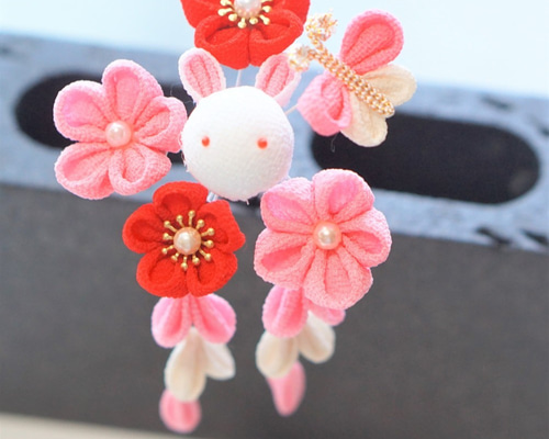 七五三-髪飾り つまみ細工 うさぎかんざし（ピンク）3歳 5歳