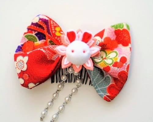 七五三-髪飾り つまみ細工 はな桃うさぎ リボン（MIX） ヘアクリップ