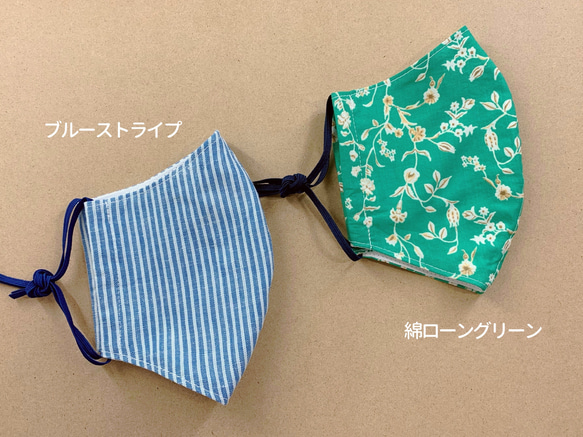 立体マスク リネン／綿ローン 裏地：日本製コットンWガーゼ 涼感 薄手 汗とり 呼吸しやすい 2枚目の画像