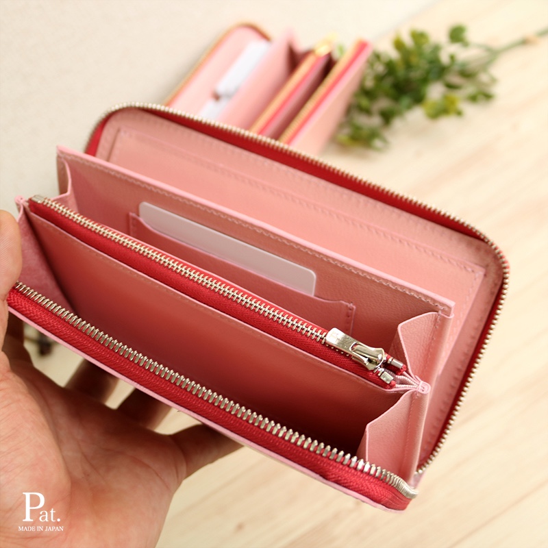 使いやすい長財布 【ベーシック Pat.Zip ピンク】 国産レザー 革 日本製 メンズ レディース